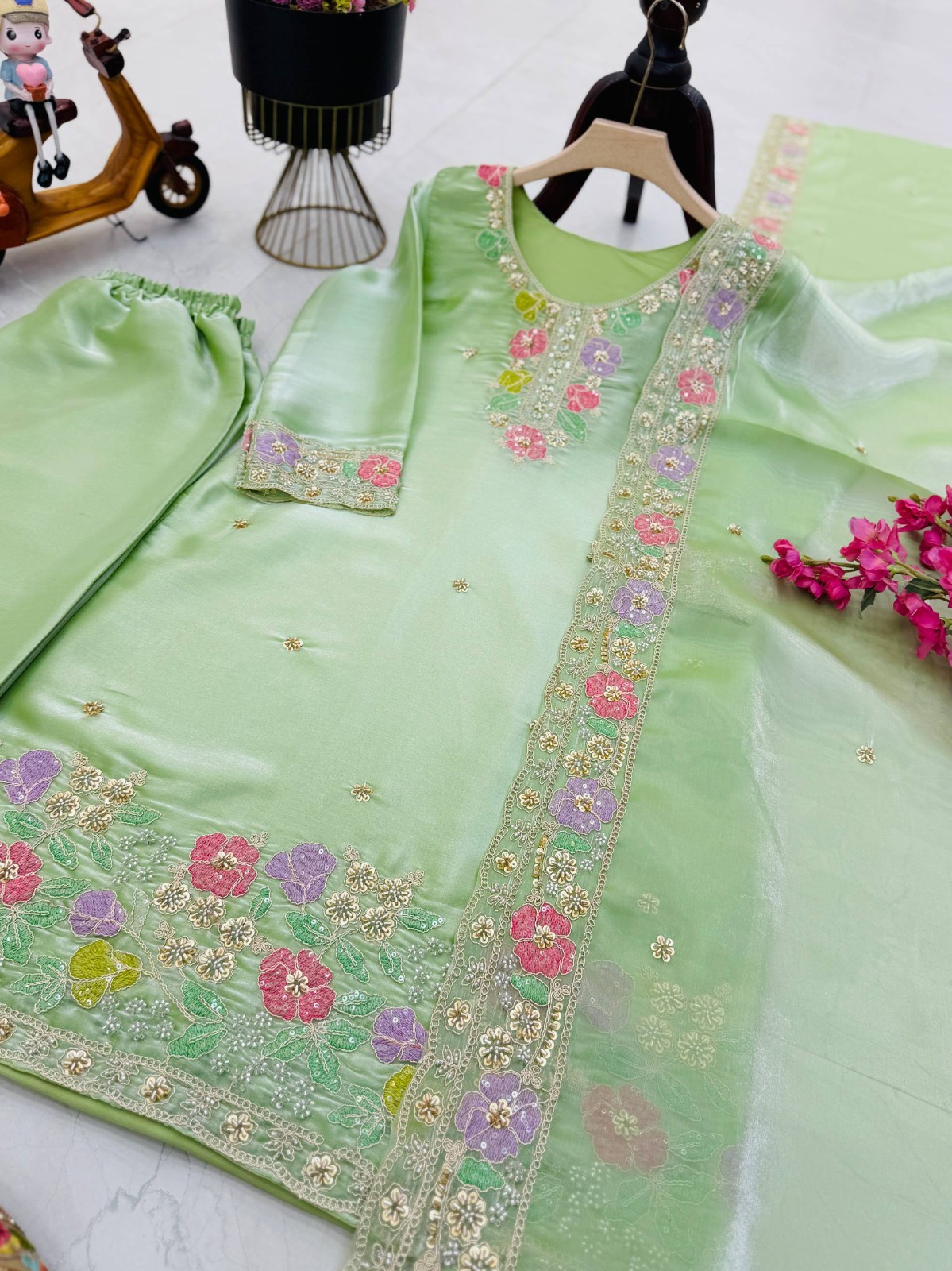 Stylish Look Heavy Silk Pista Green Top Palazzo With Dupatta For Wedding Wear