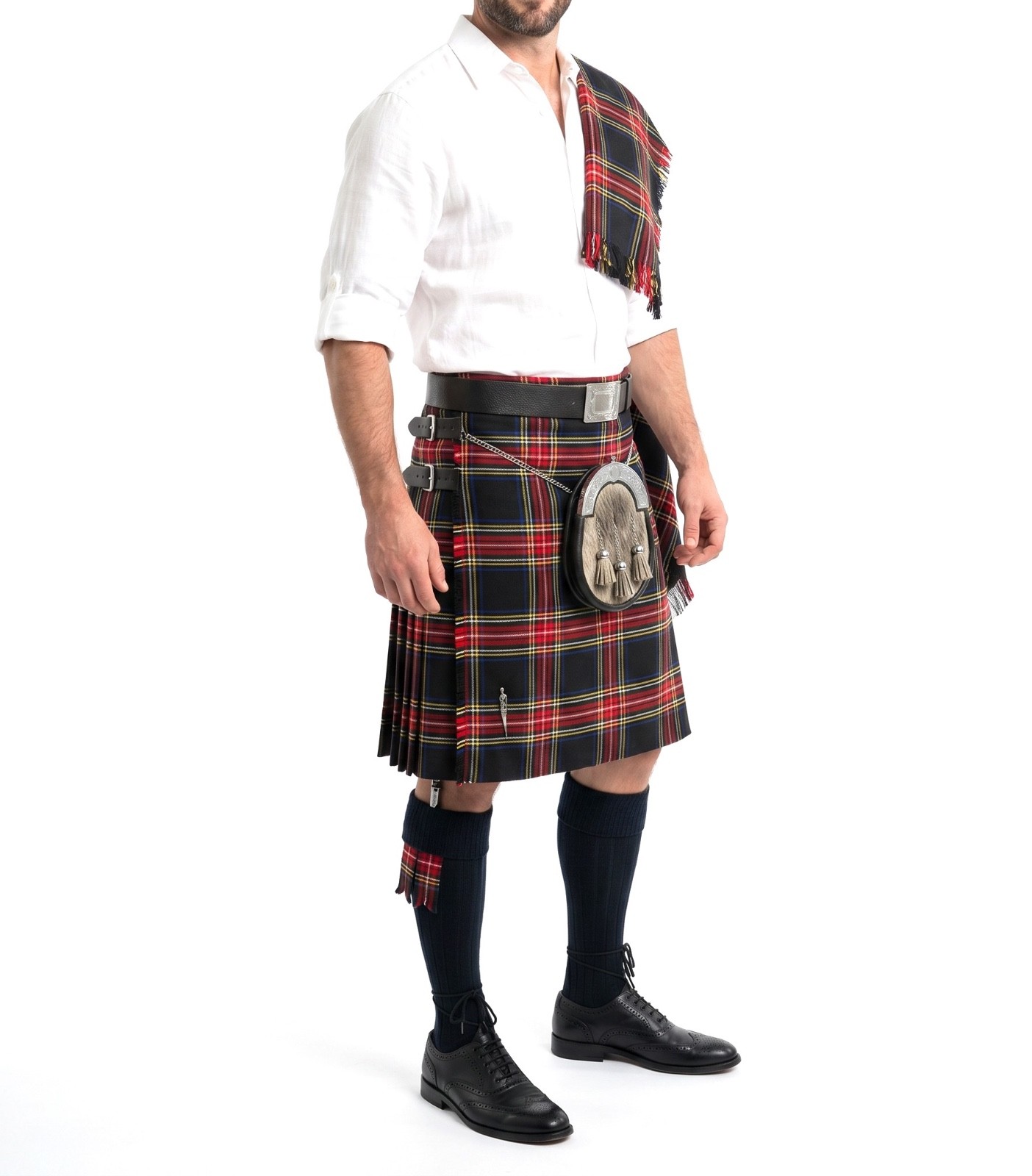 Stewart Black Tartan 8 Yard 12oz Weight Men’s Wool Blend Kilt