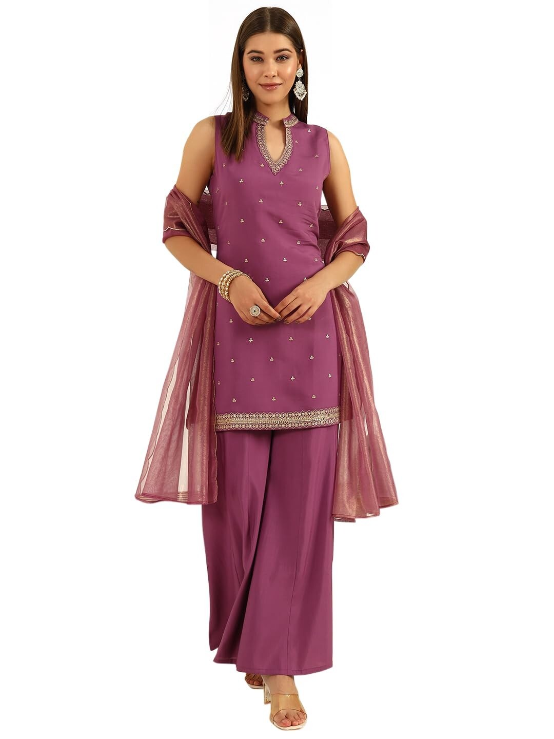 Women’s Lavender Viscose Chanderi Straight Kurta with Palazzo and Dupatta