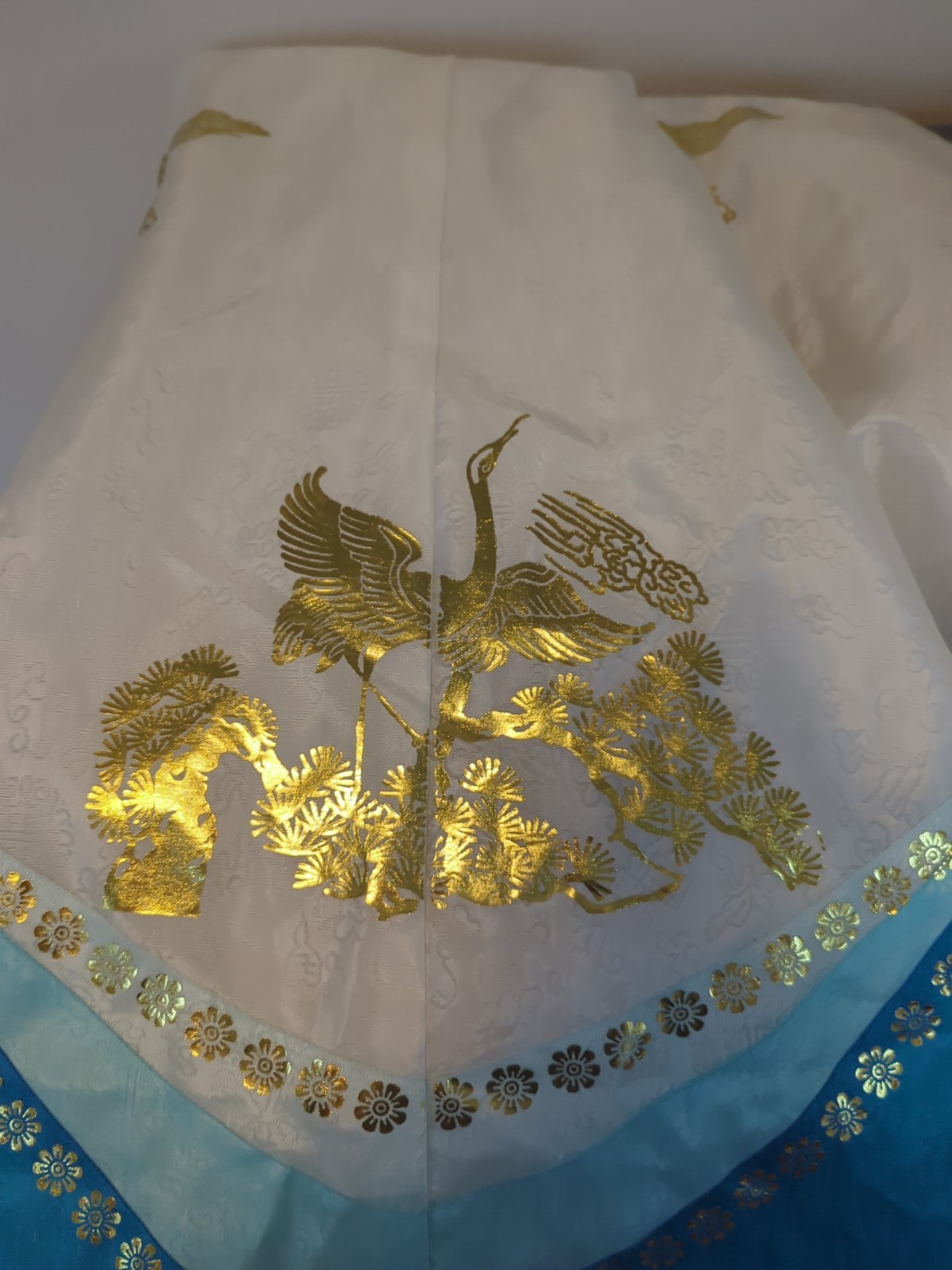 Korean Traditional Dress Hanbok White Blue Gold with Purse Medium Large