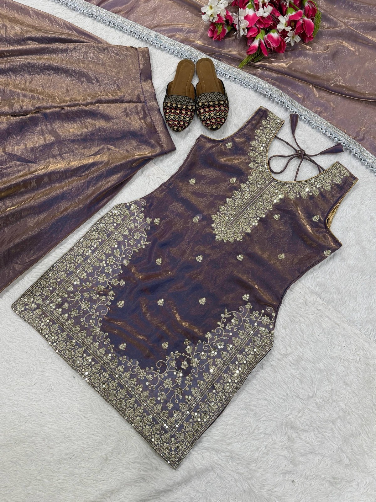 Attractive Purple Silk Top Palazzo With Dupatta For Party Wear