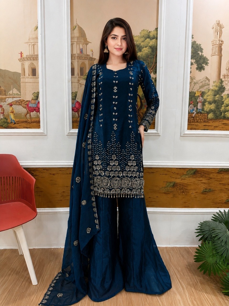 Teal Blue Fendy Satin Palazzo Suit Embroidered Cut Work Border Dupatta