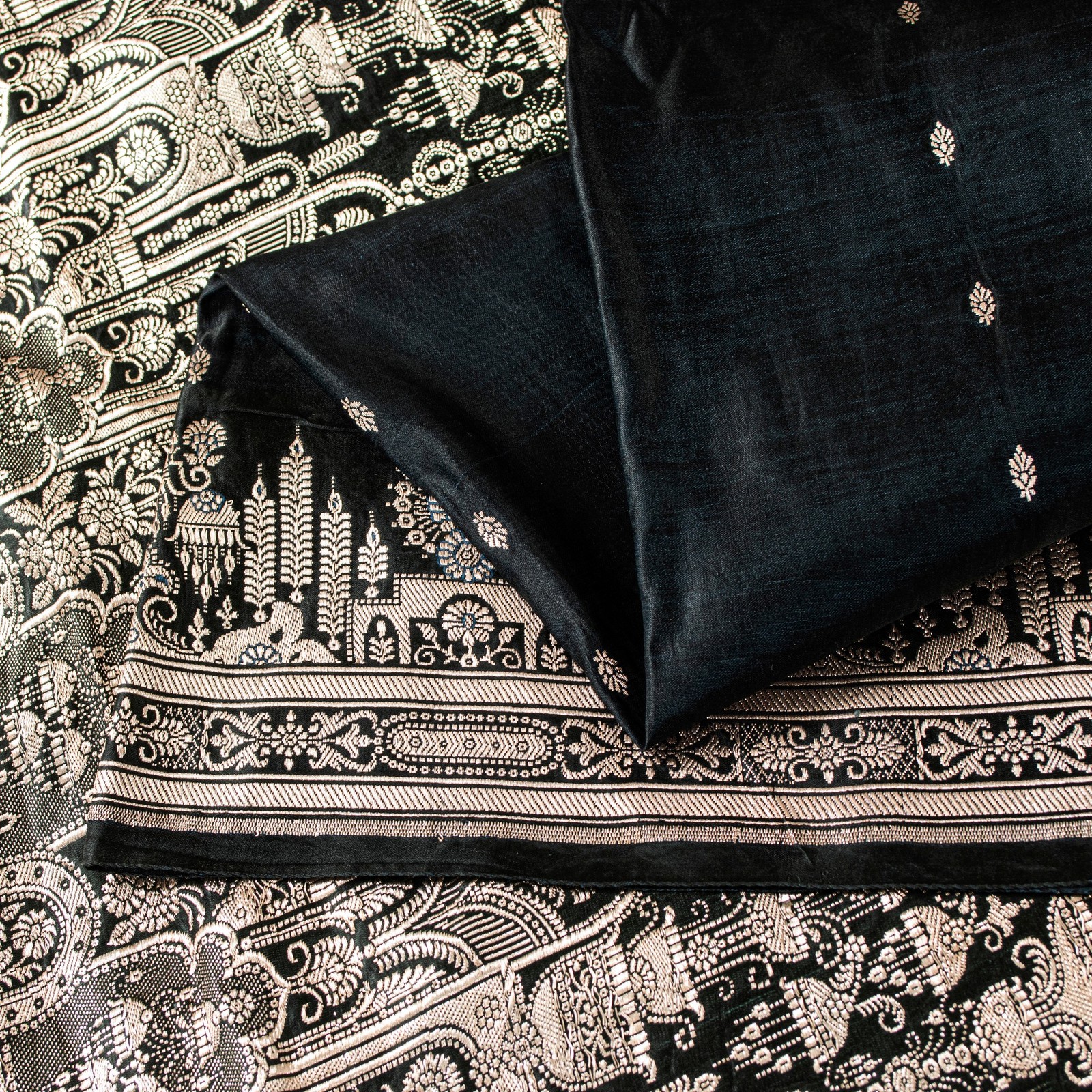Sanskriti Vintage Black Pure Satin Sarees Banarasi Brocade Zari Hand-Woven 6+Yd