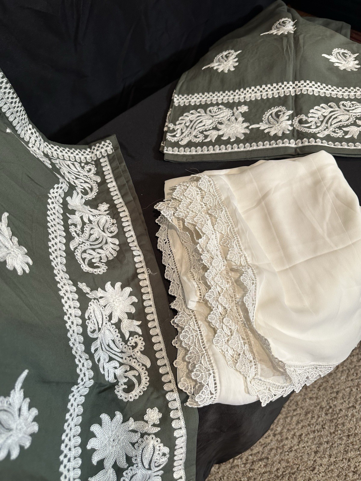 Beautiful soft linen Front & back emb-3 pc suit-emb plazo, laced dupatta-$44