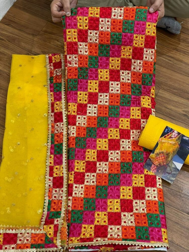 Suit 638 1468 Red Silk Finish Multi-Color Phulkari Salwar Kameez Dupatta Small