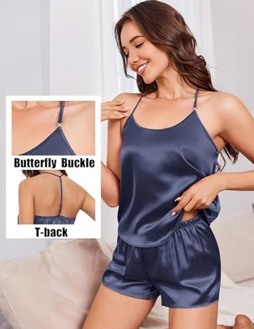 Silk Satin Pajamas Set for Women T-back Lingerie Pjs Cami Top Small Navy Blue
