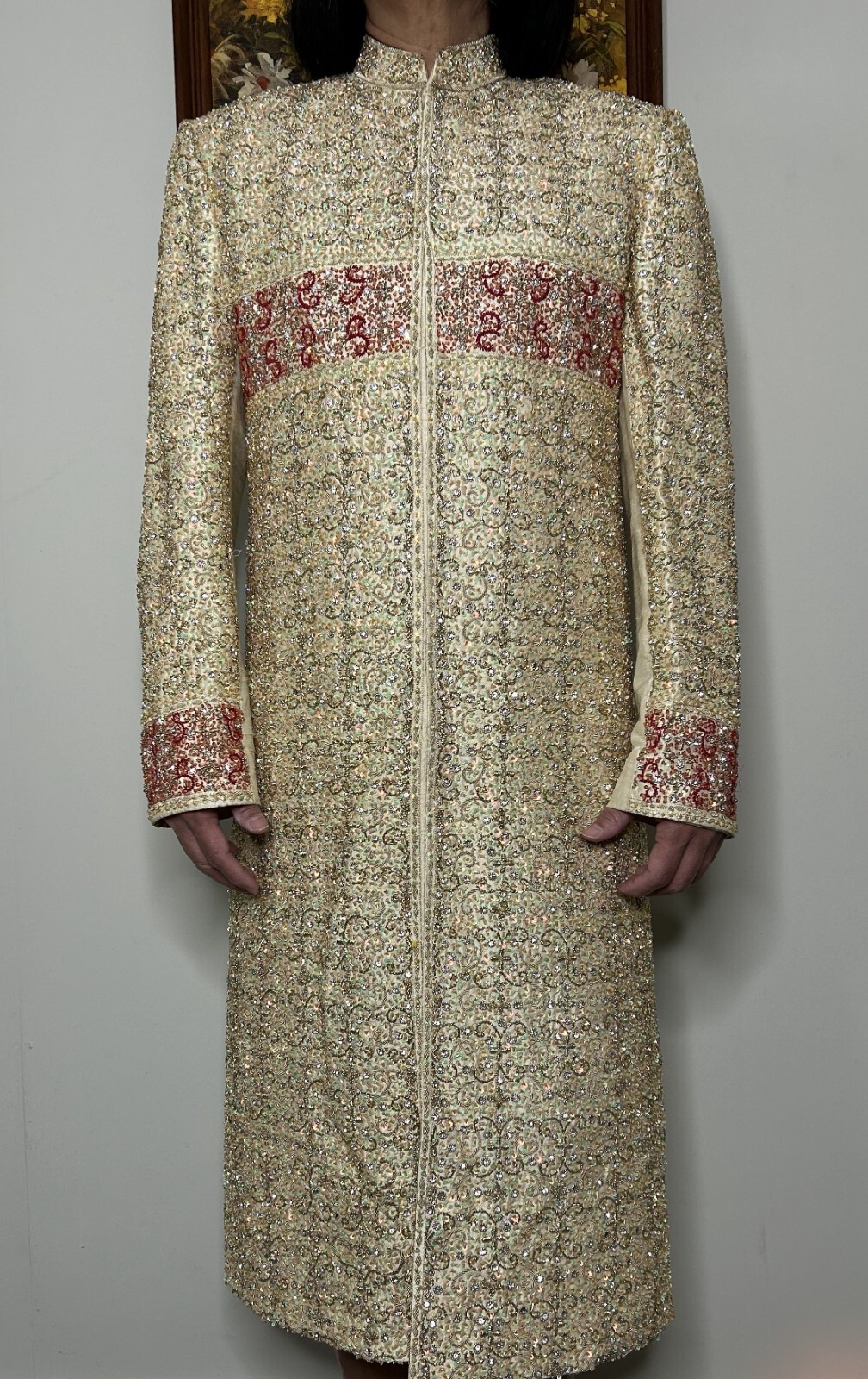 Sherwani Indian Traditional Wedding Outfit Men 38″ (95cm) White Gold Red Beaded