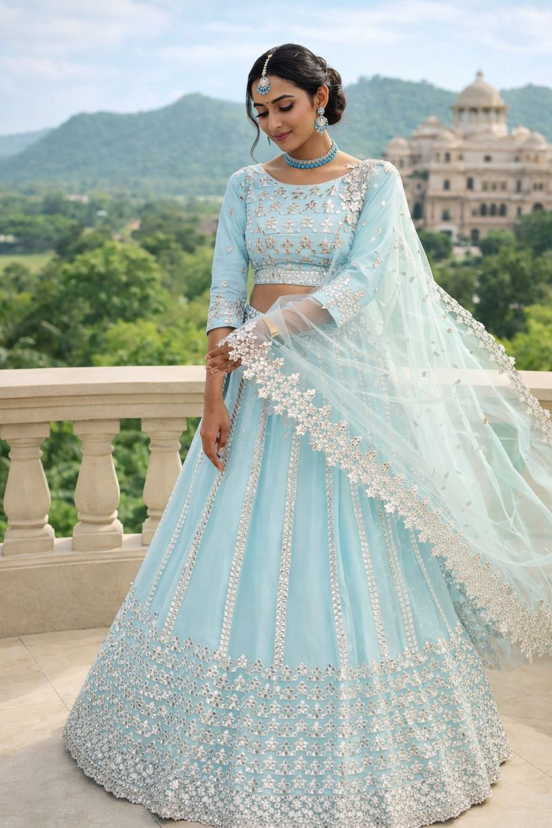 Traditional Indian Mirror Work Lehenga – Blue Sequin Diwali Special Dress