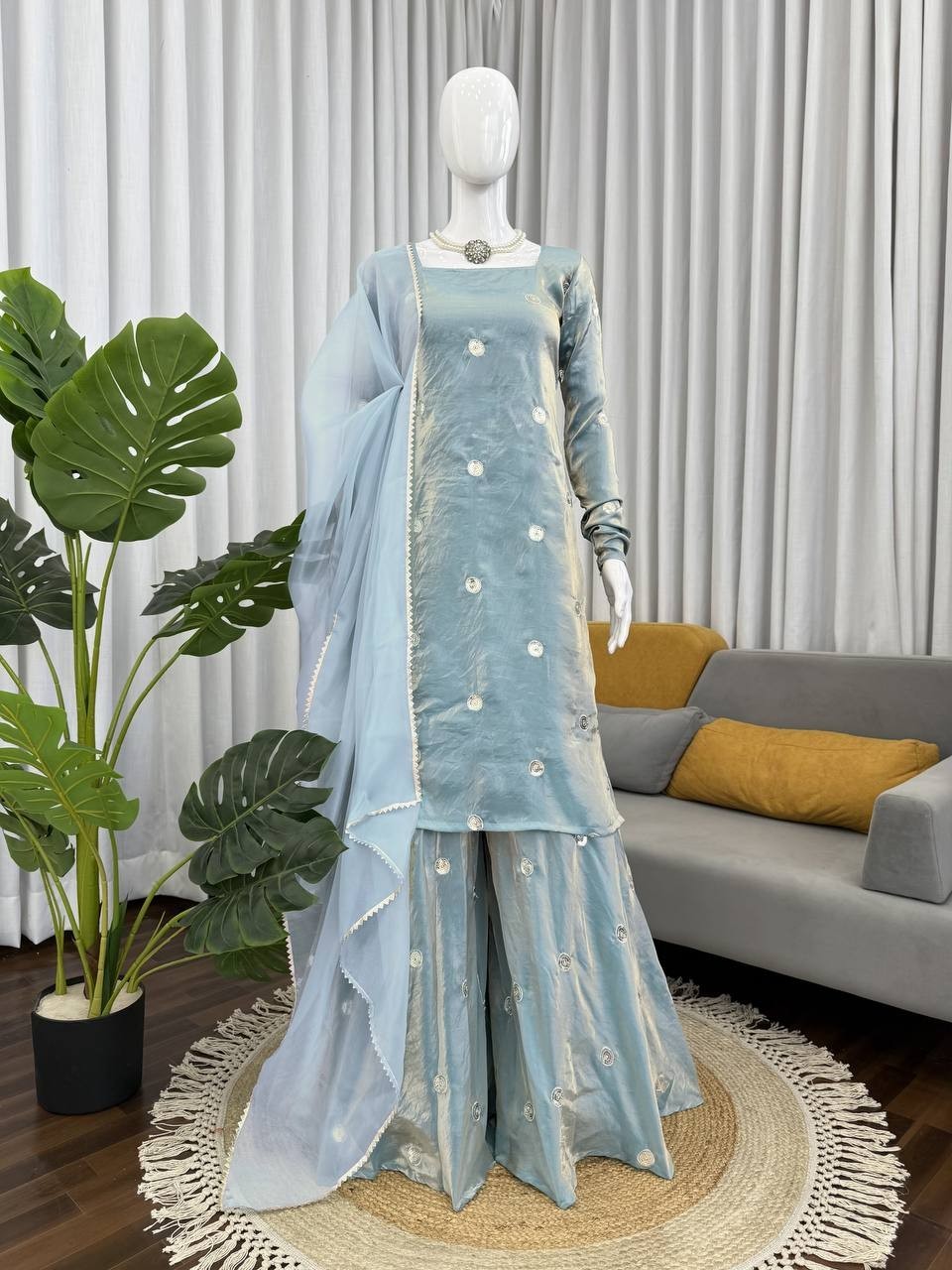 Fandy Silk Kurta Plazo Set with Sequins Work Dupatta | Ready to Wear Indian Ethn