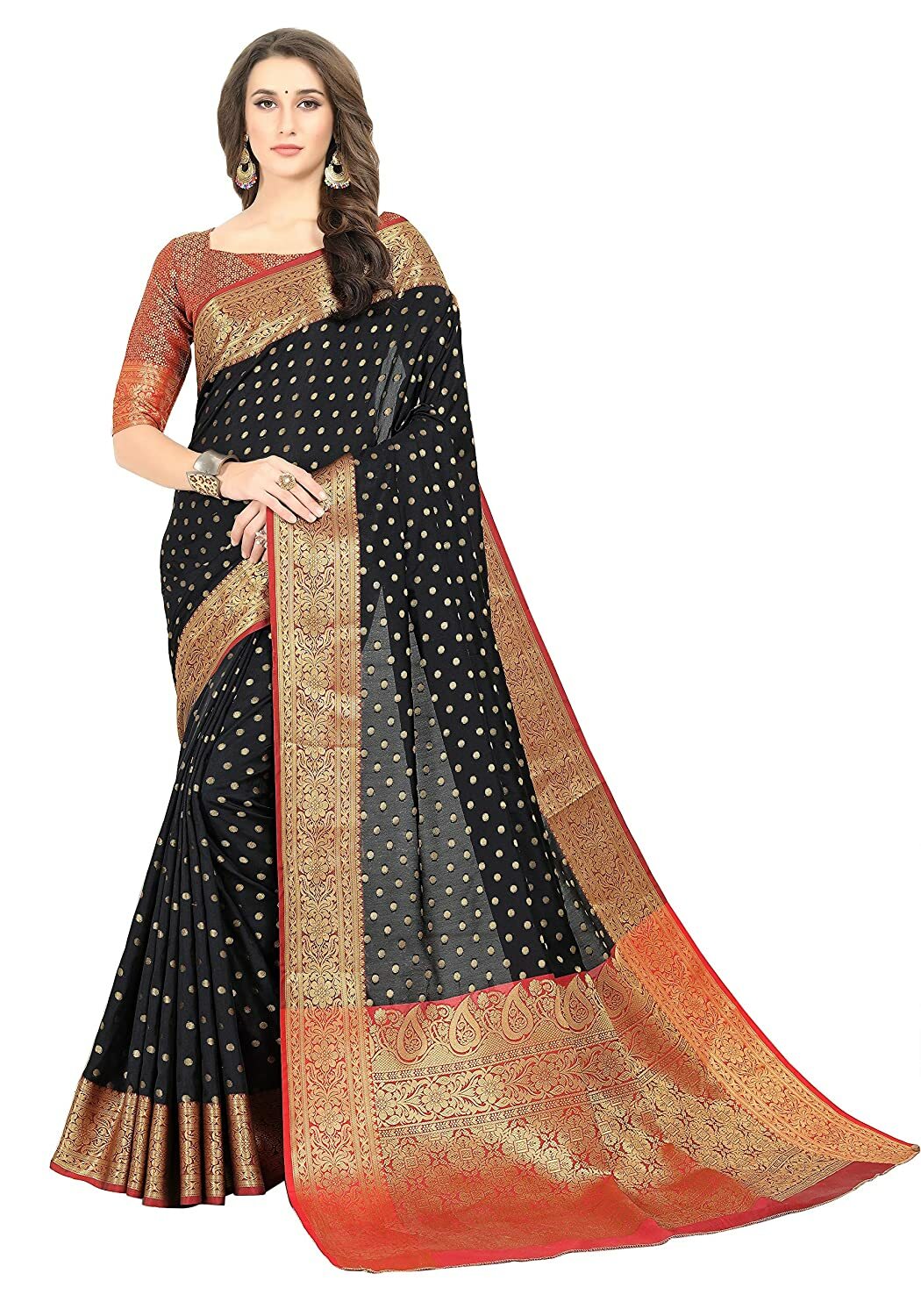 SORU FASHION Women’s Banarasi Silk Saree With Un-stitched Blouse (Black)
