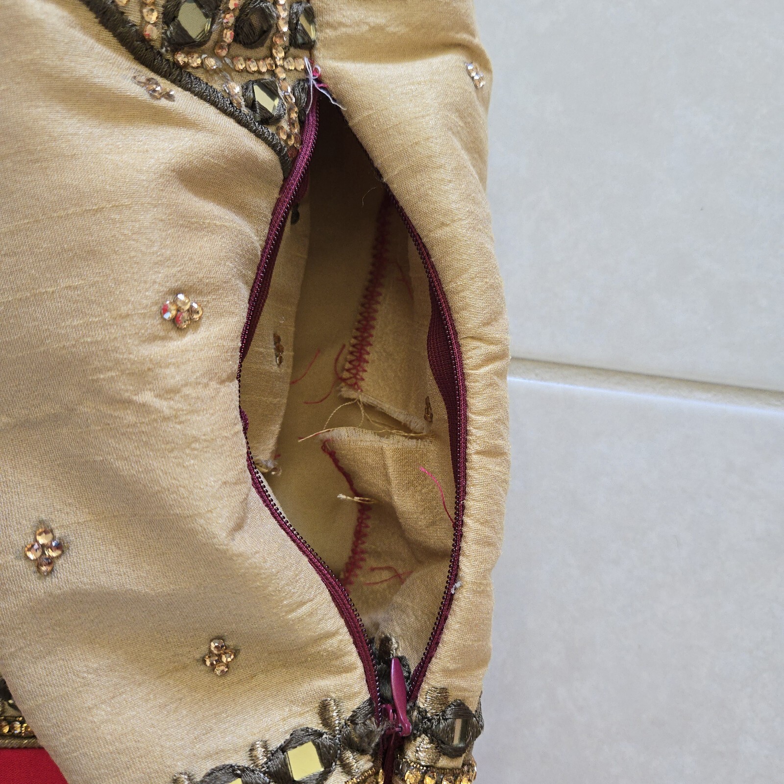 3 piece ruby red gold beige satin anarkali champagne mirror work size S small