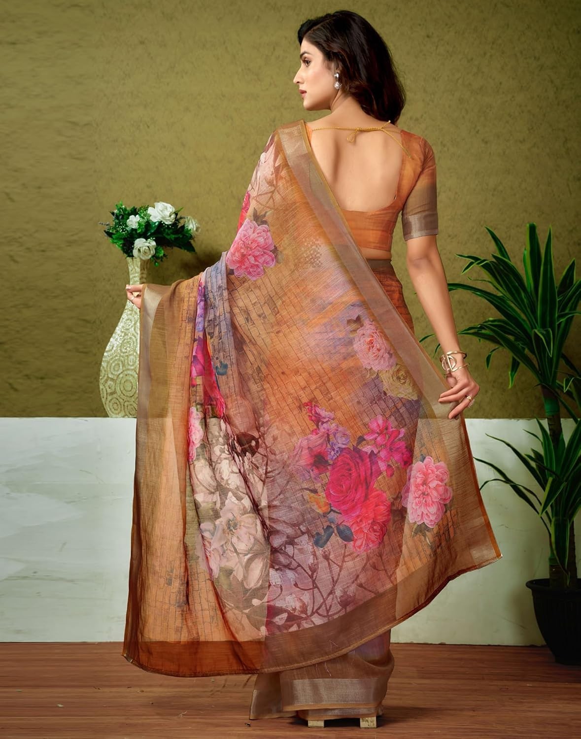 Women’s Cotton Linen Printed 1 Minute Ready to Wear Saree With Unstitched Blouse
