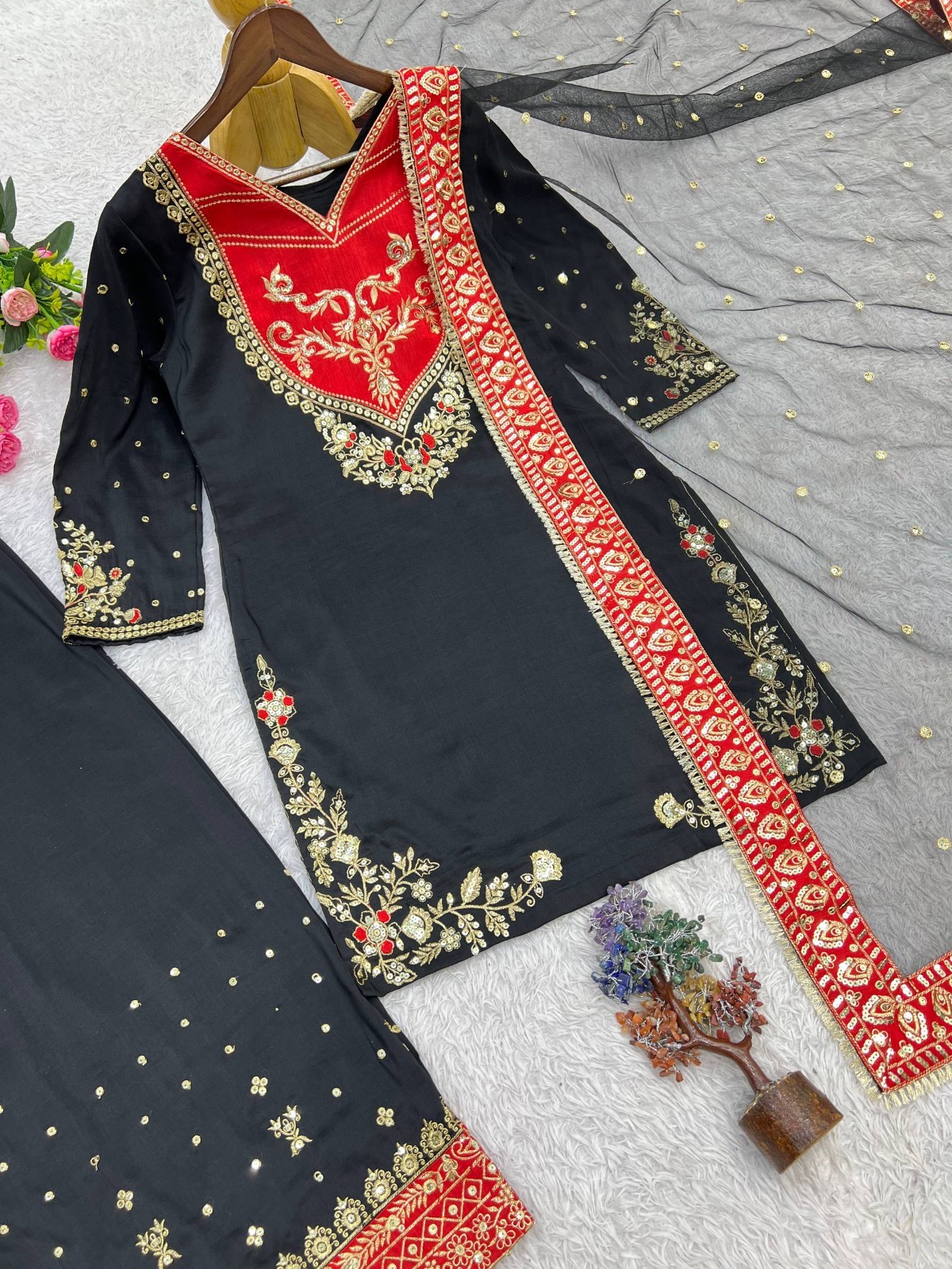 Party Wear Black Maska Cotton Kurta Palazzo With Net Dupatta For Women
