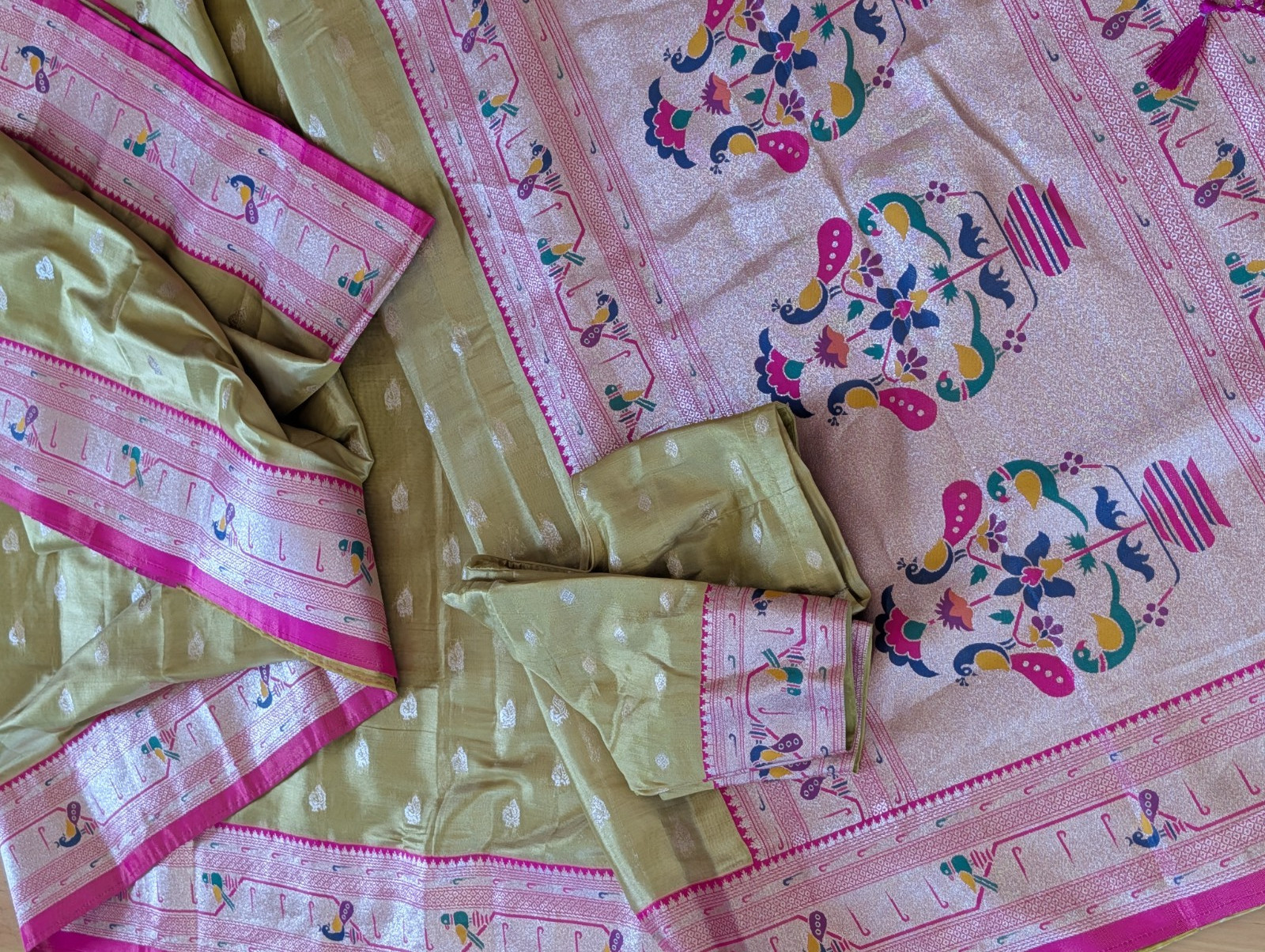 Saree Paithani Silk Muniya Peacock Minakari Zari Border Pallu Stitched Blouse
