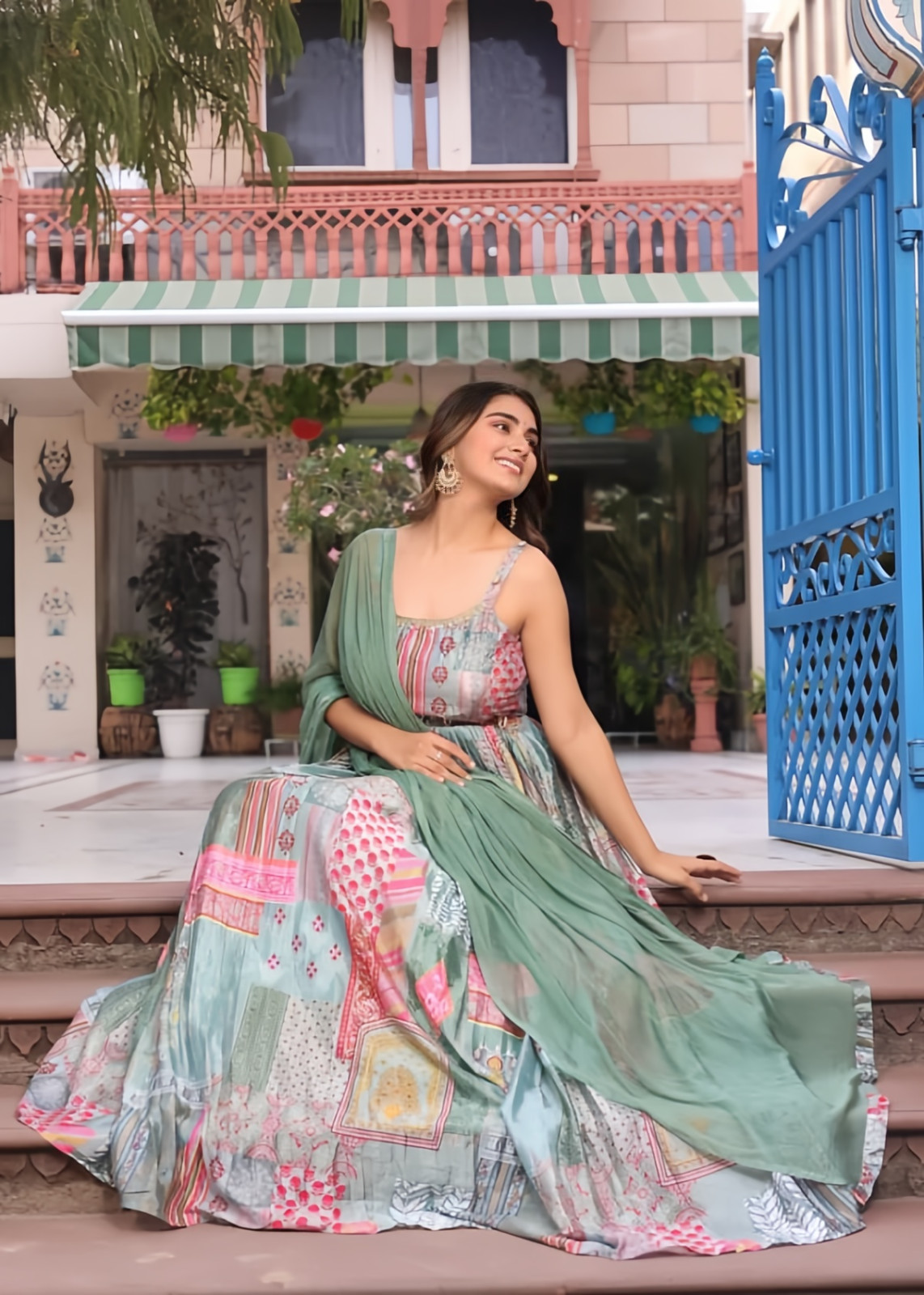 Traditional Indian Anarkali Gown Multicolour Patchwork Design Floor Length