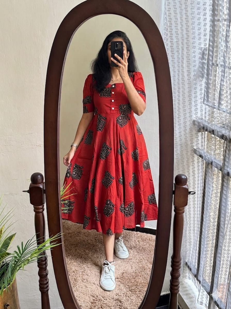 Jaipuri Block Printed Women Middi Kurta Set Indian Party Wear Flared Gown Dress
