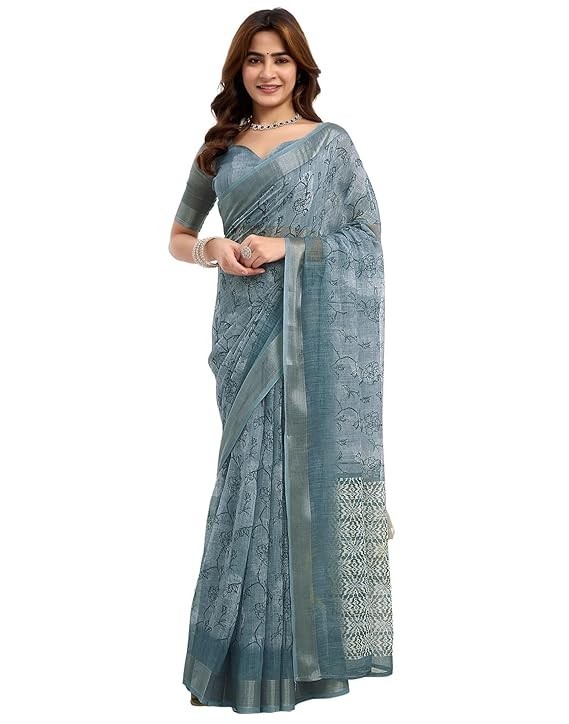 Women’s Cotton Linen Printed Ready to Wear Saree with Unstitched Blouse piece