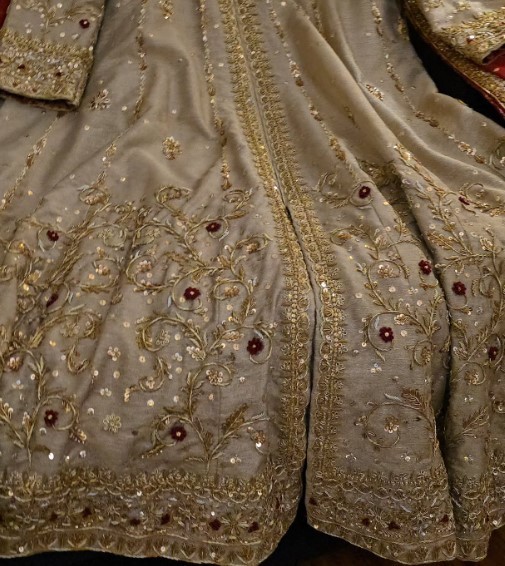 Elegant Handworked Kameez Set with Lace Border Dupatta in Deep Maroon & Beige