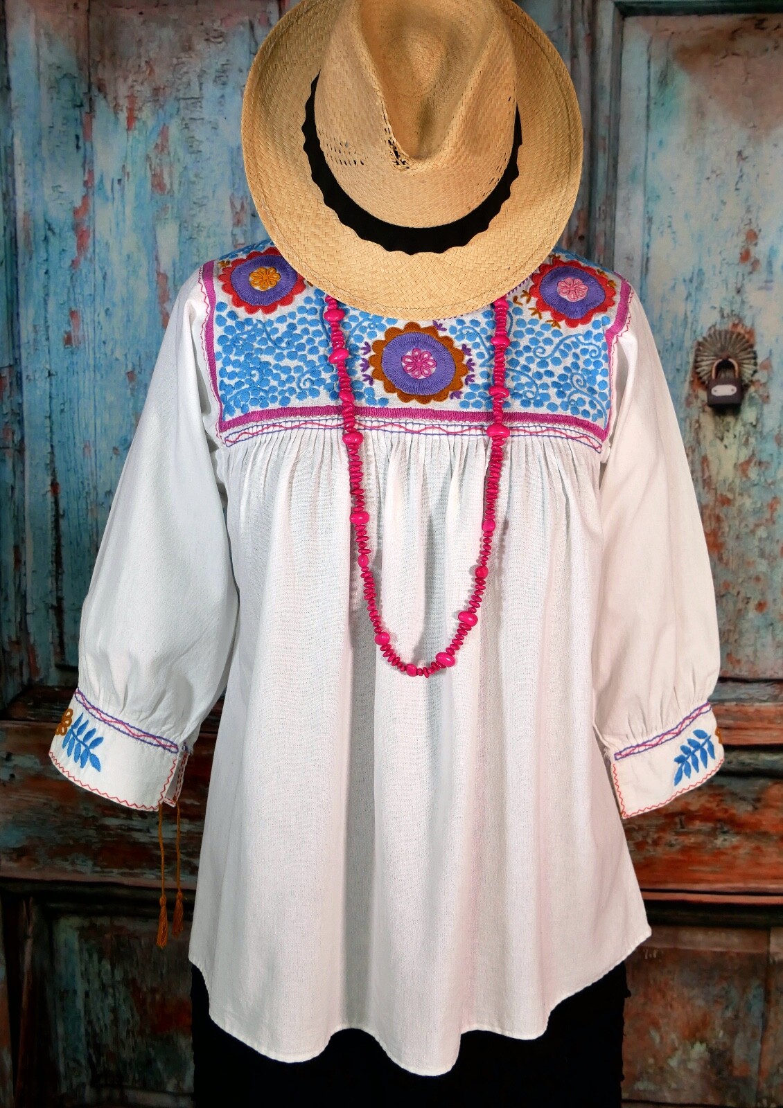 Peasant Blouse Hand Embroidered Flowers White Cotton Fabric Mayan Chiapas Mexico