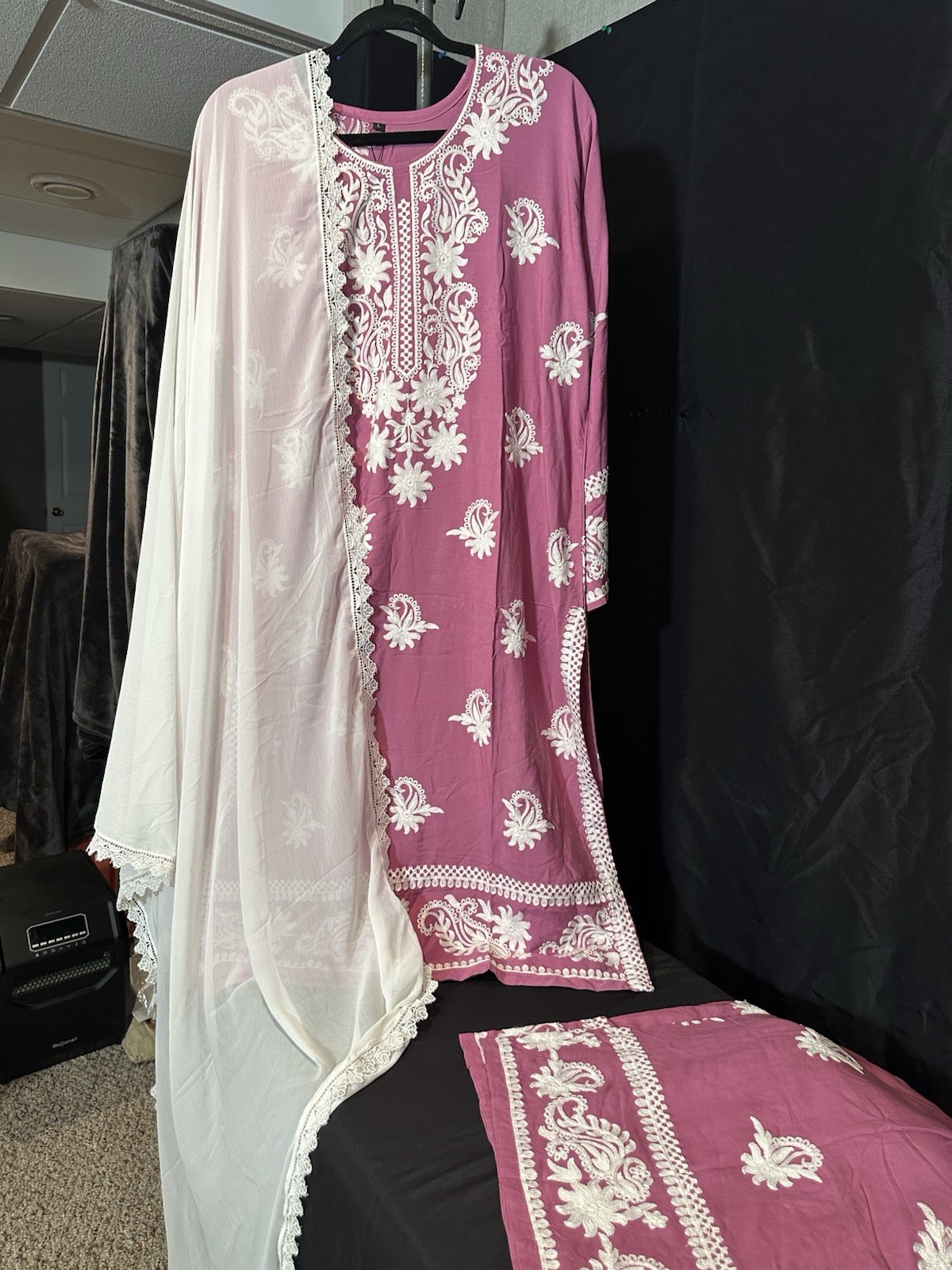 Beautiful soft linen Front & back emb-3 pc suit-emb plazo, laced dupatta-$44
