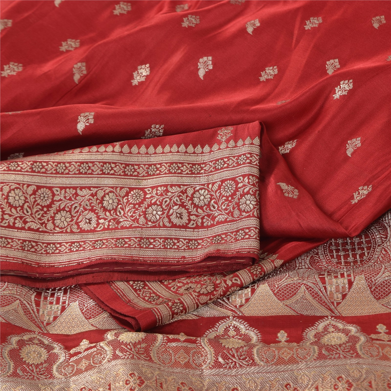 Sanskriti Vintage Red Sarees Pure Satin Silk Brocade/Banarasi Woven Sari Fabric
