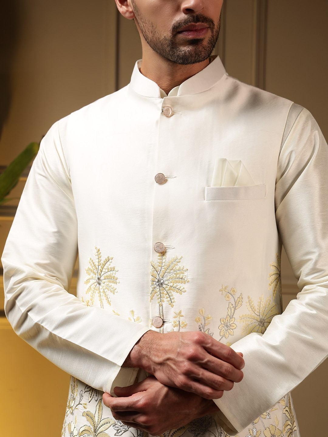 Mens Indian Kurta Pajama Koti Set Silk Embroidered Wedding Party Ethnic Wear
