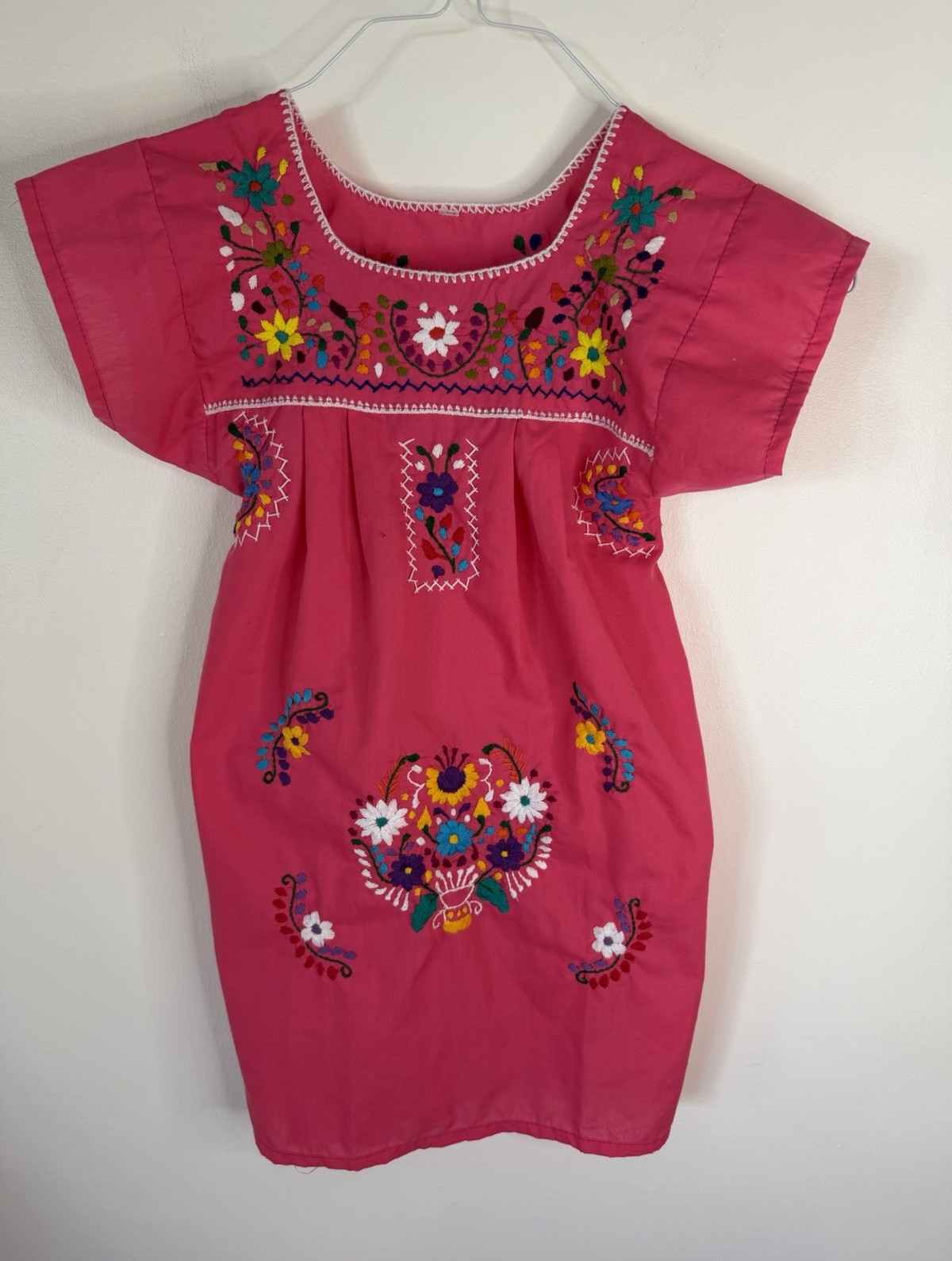 Handmade Girls Pink Mexican Dress, Embroidered Floral Woven Cotton, size 8