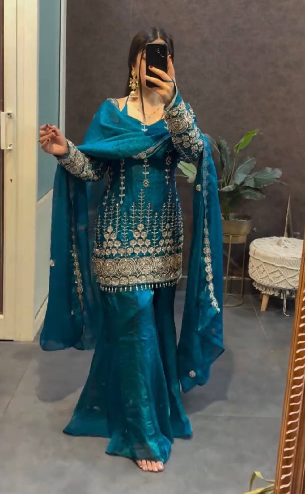 Teal Blue Fendy Satin Palazzo Suit Embroidered Cut Work Border Dupatta
