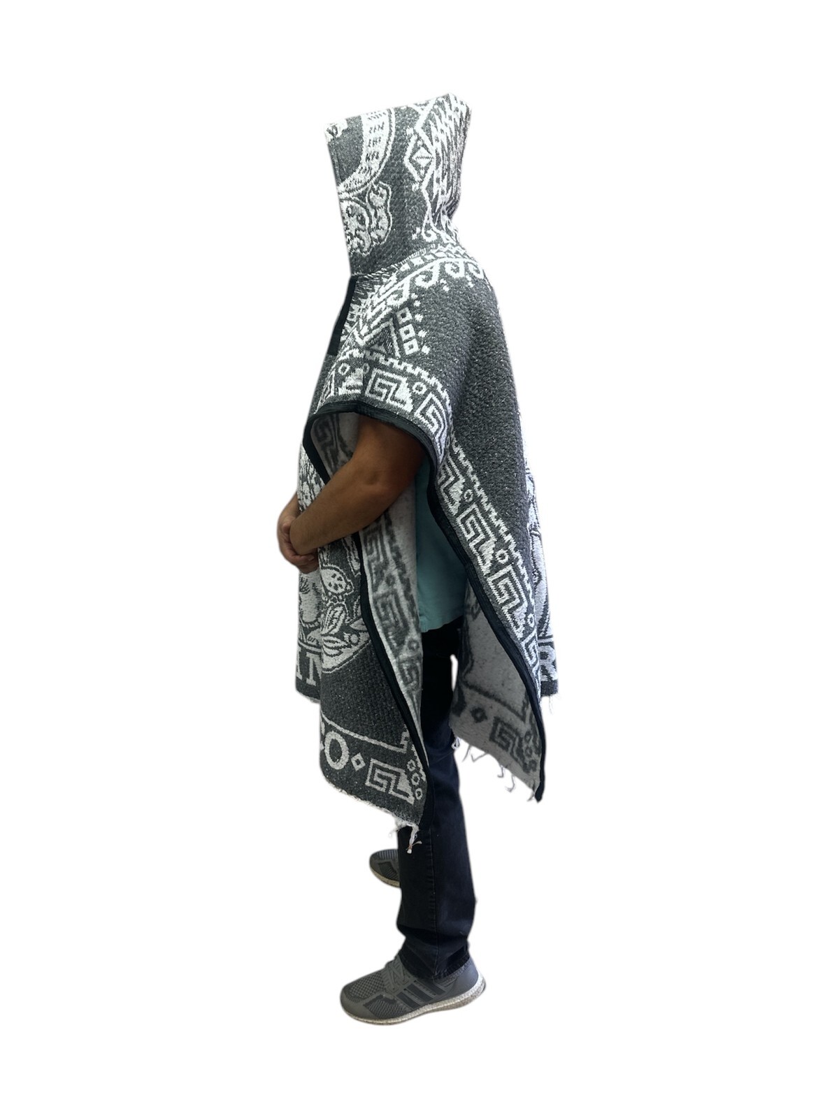 MEXICAN PONCHO WITH HOOD, VIVA MEXICO , VILLA Y ZAPATA , ONE SIZE, GRAY