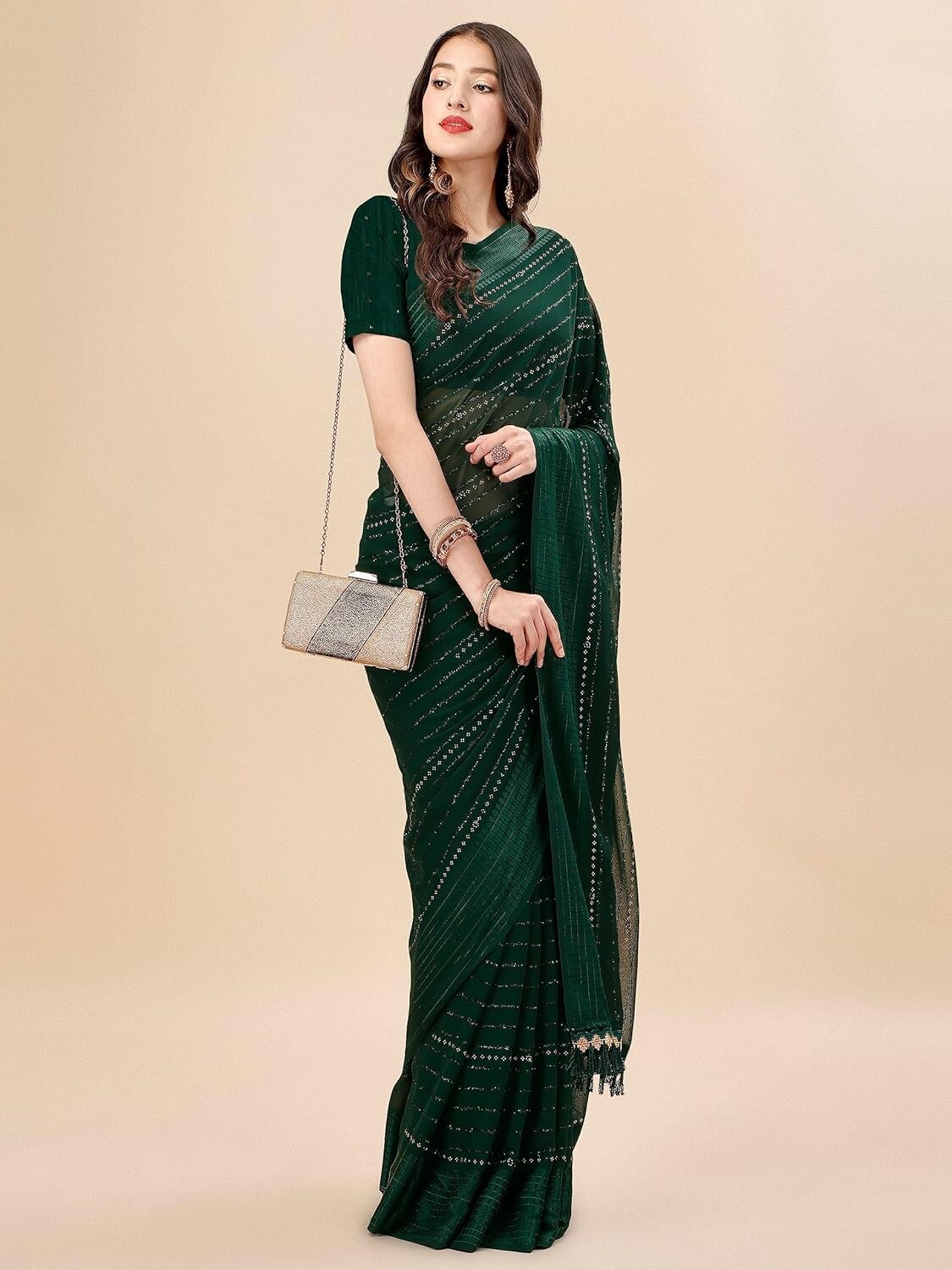 Women’s Moti Work With Heavy Sequence Work Saree With Unstiitched Blouse Piece