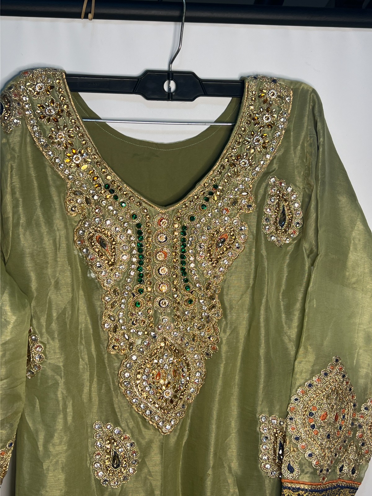 Indian Embroidered Kurta Tunic Olive Green Gold Beaded Formal Preowned