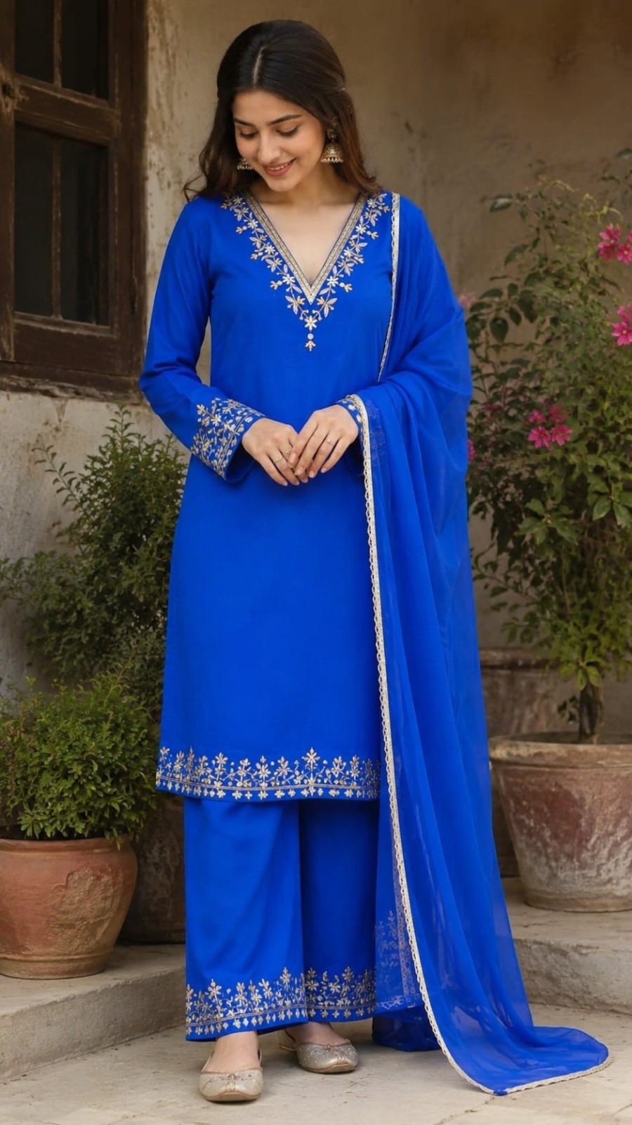 Women’s Hand Embroidered Blue Palazzo Suit Set Custom Stitch Ethnic Wear