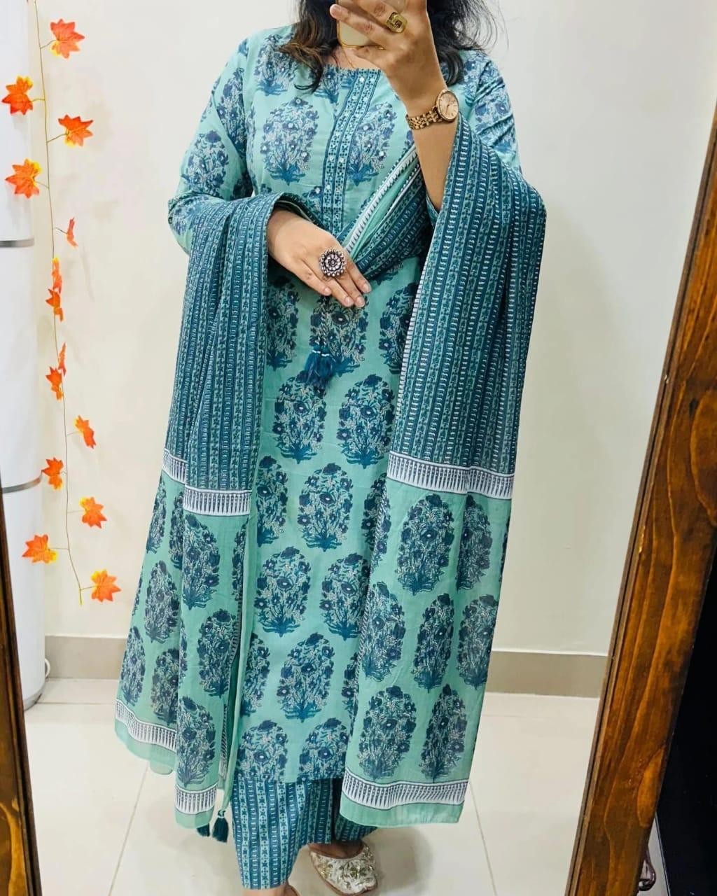 Jaipuri Hand Block Print Kurta with Pant and Dupatta, Cotton Anarkali Style Suit