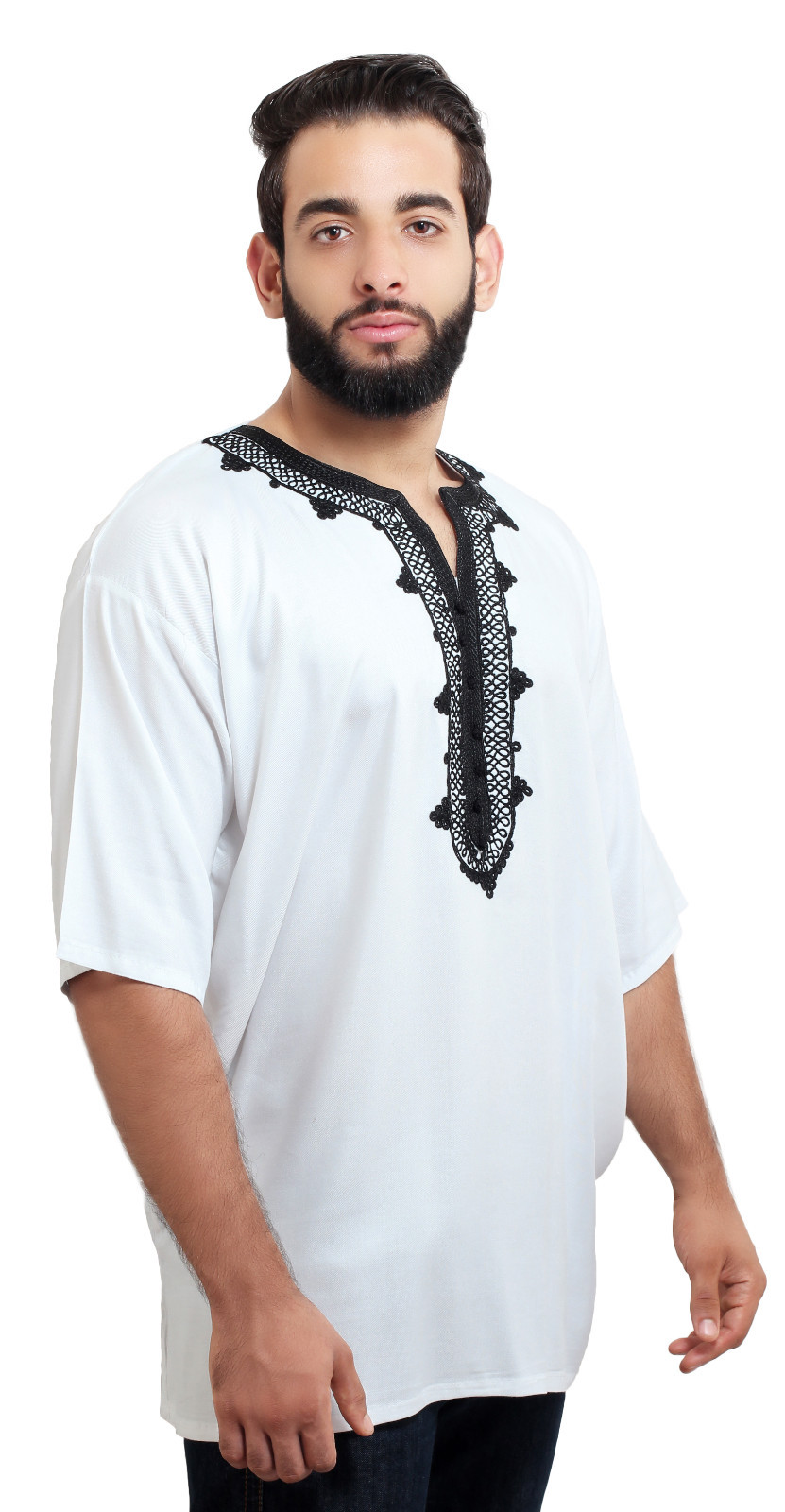 Moroccan Men Tunic Shirt Cafan Casual Handmade Embroidered Cotton Large White