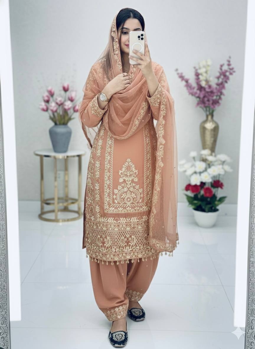Heavy Faux Georgette Peach Top Palazzo With Dupatta For Reception Wear