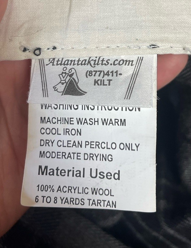 Atlanta Kilt Men’s Acrylic Wool Black Gray Tartan 6 To 8 Yards Scottish Waist 48