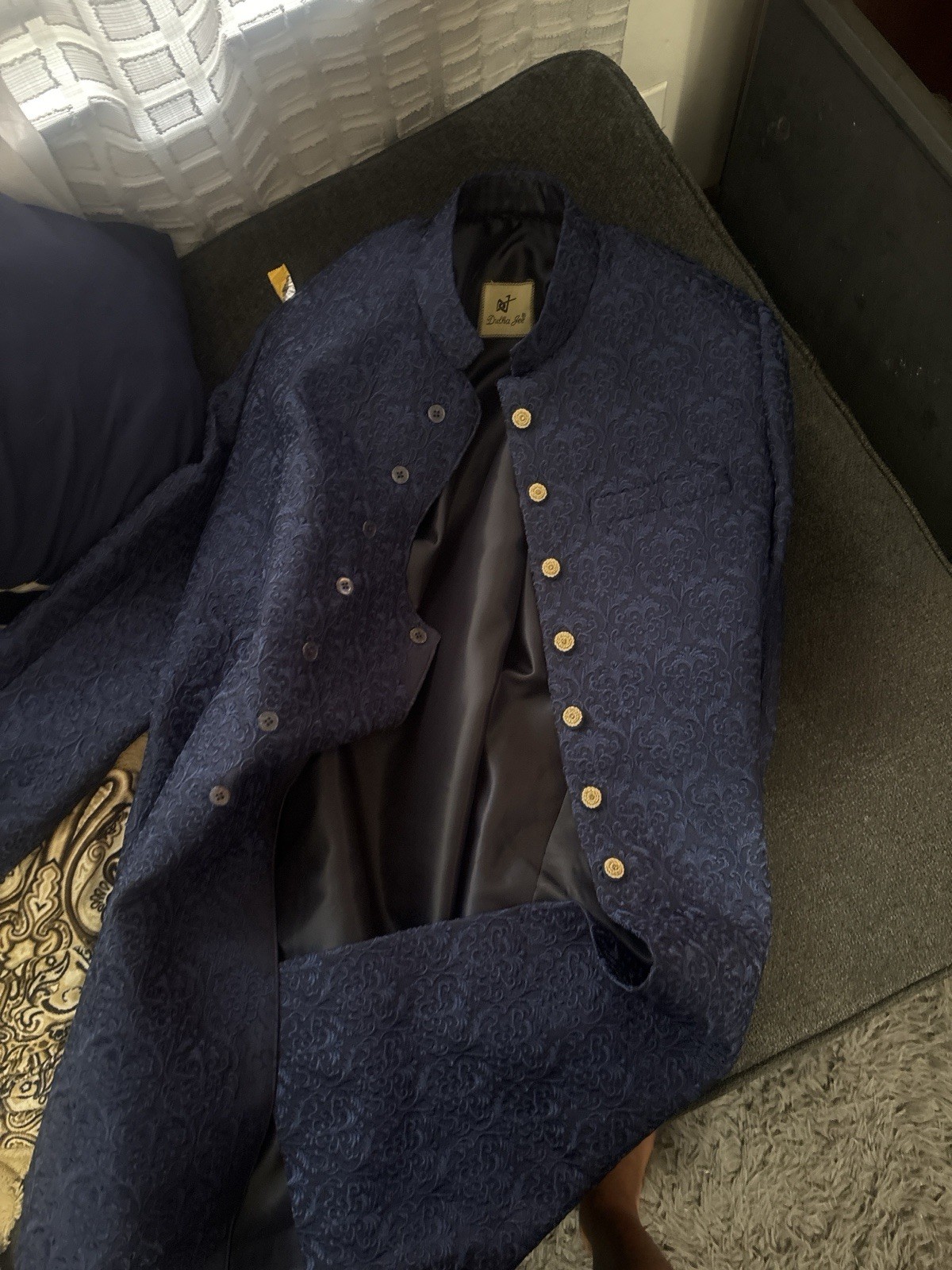 Dulha Jee Navy Brocade Bandhgala Jacket t 44R 38×32