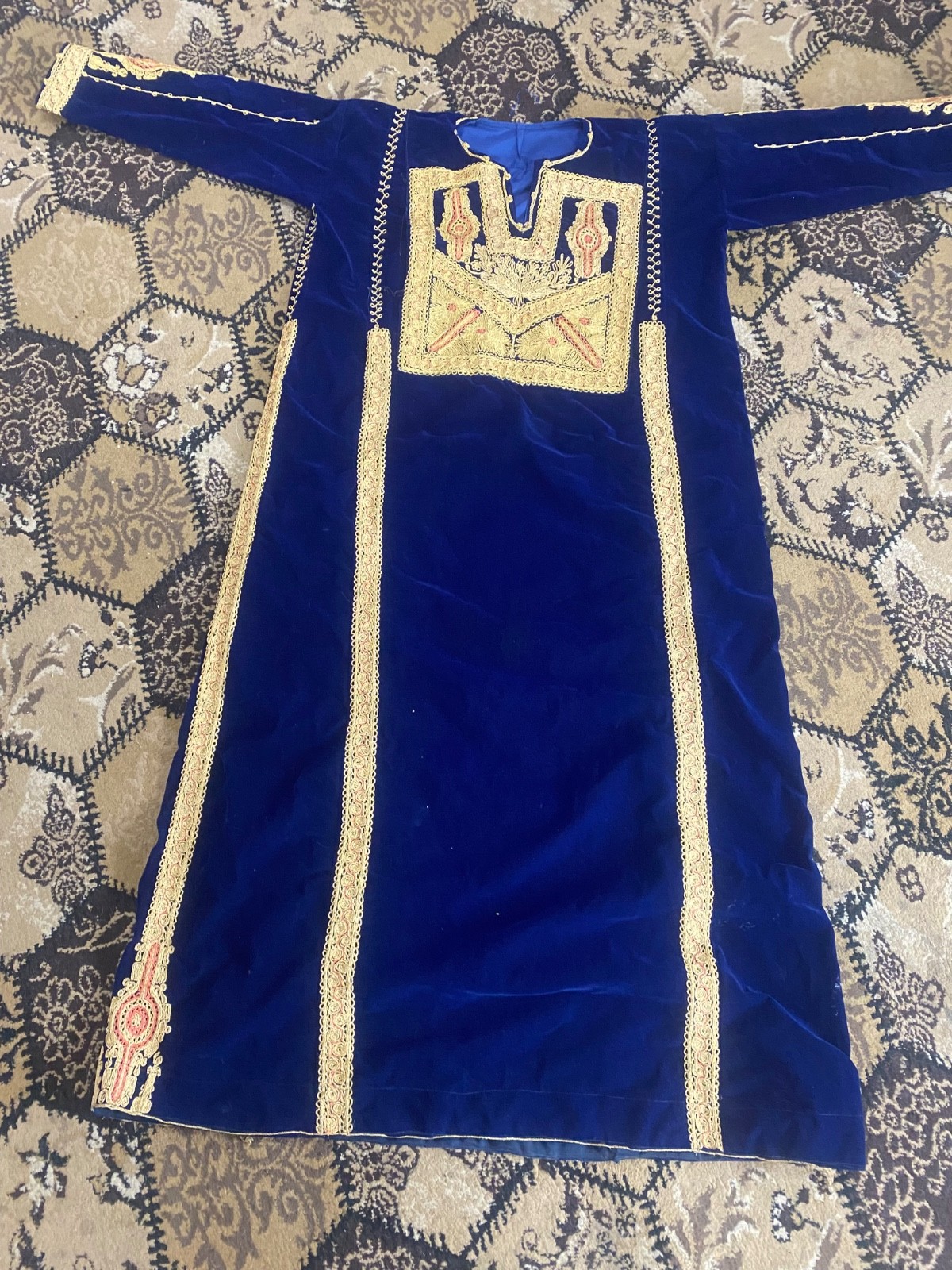 Traditional Old Palestinian Dress in Indigo Color Qasab Embroidery – Handmade