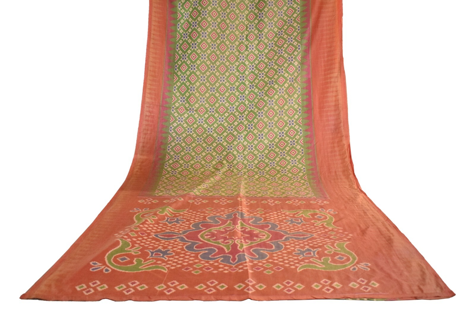 FNC Vintage Green Sambalpuri Ikat Sarees Handwoven Art Silk Sari Fabric Antique