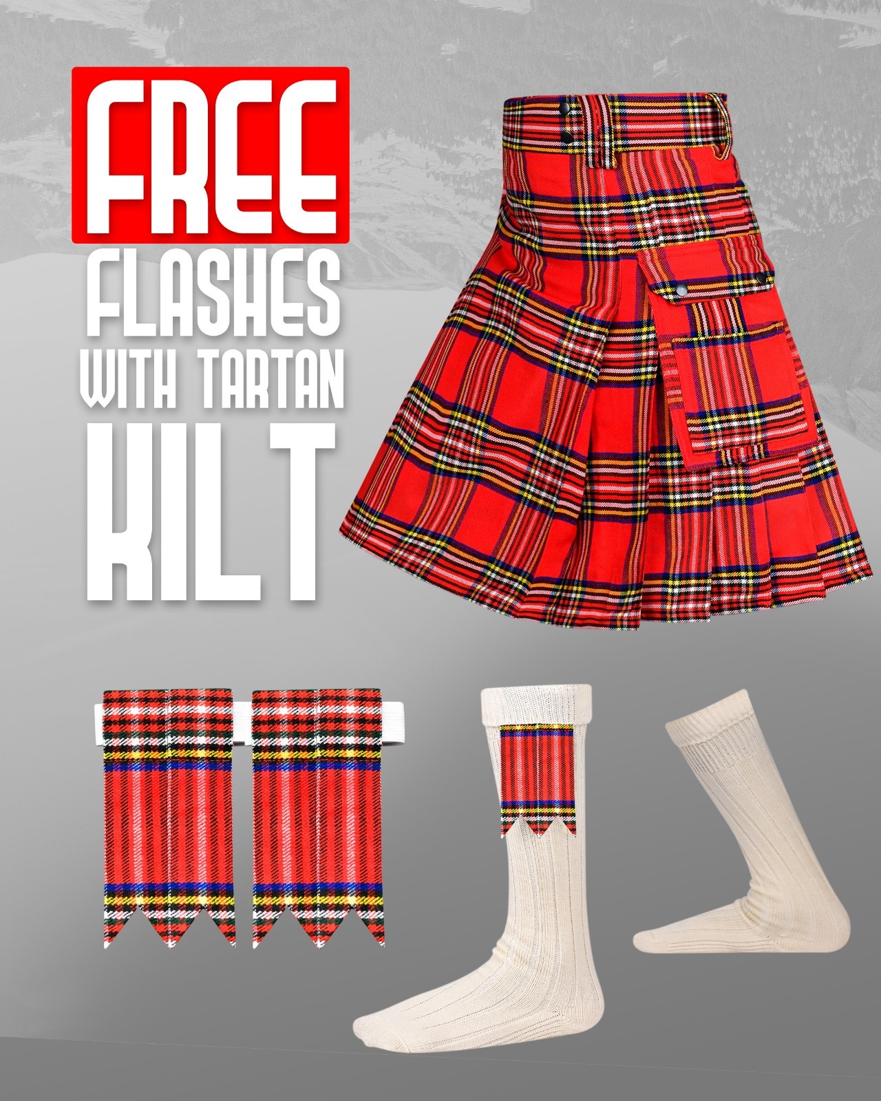 Royal Stewart Tartan Utility Kilt Package – Acrylic Wool Kilt, Hose, Flashes