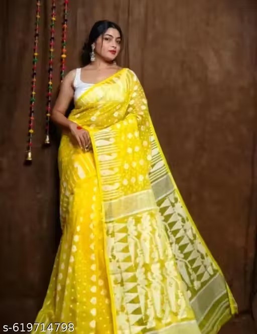 Traditional Bengali Handmade Jamdani Saree With Unstitched Bloused Wedding Wear