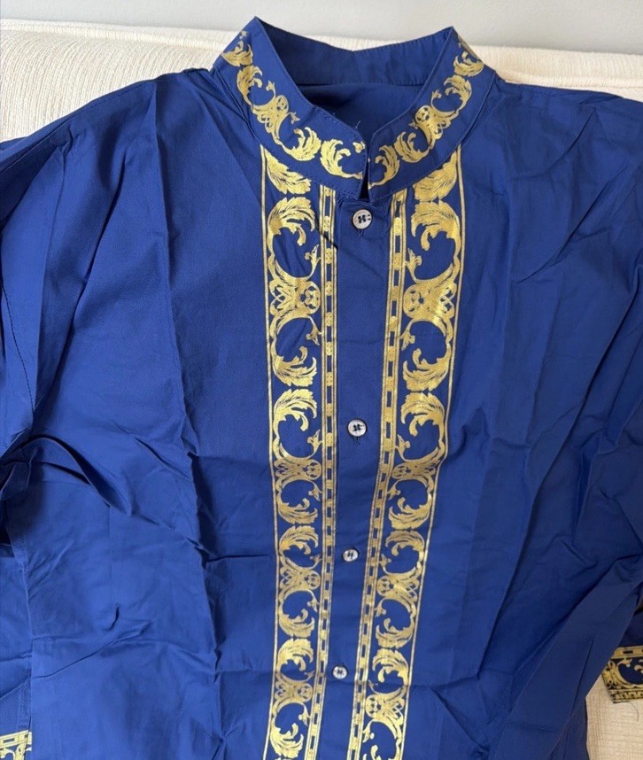 African Dashiki Outfit –Navy Blue/Gold Long Shirt & Pants Set, Medium, Men’s