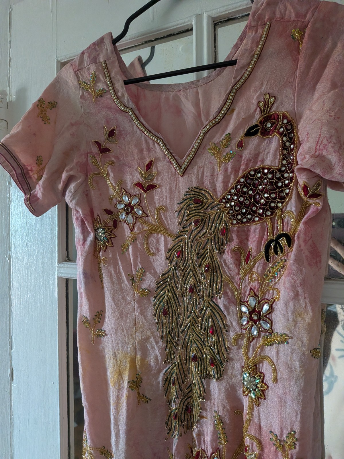 Vintage Hand Embroidered Beaded Peacock Indian Tunic Kurti Pink Boho Maximalist