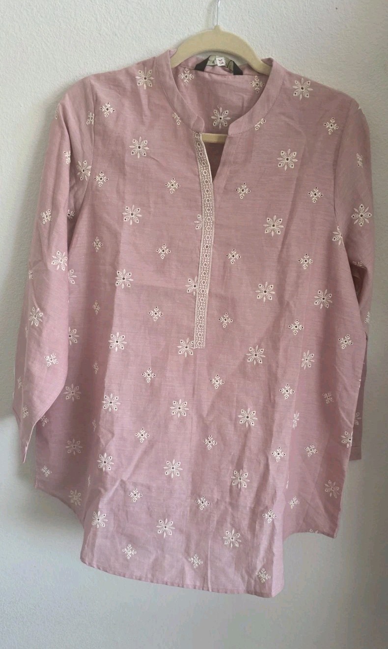 Pakistani Women’s Pink Cotton Chiffon Kurta Tunic Top Embroidered Long Sleeve M