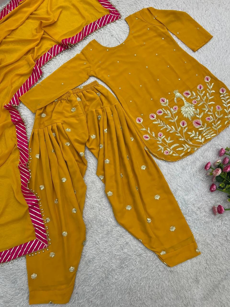 Punjabi Style Faux Georgette Yellow Patiala Suit With Dupatta For Wedding