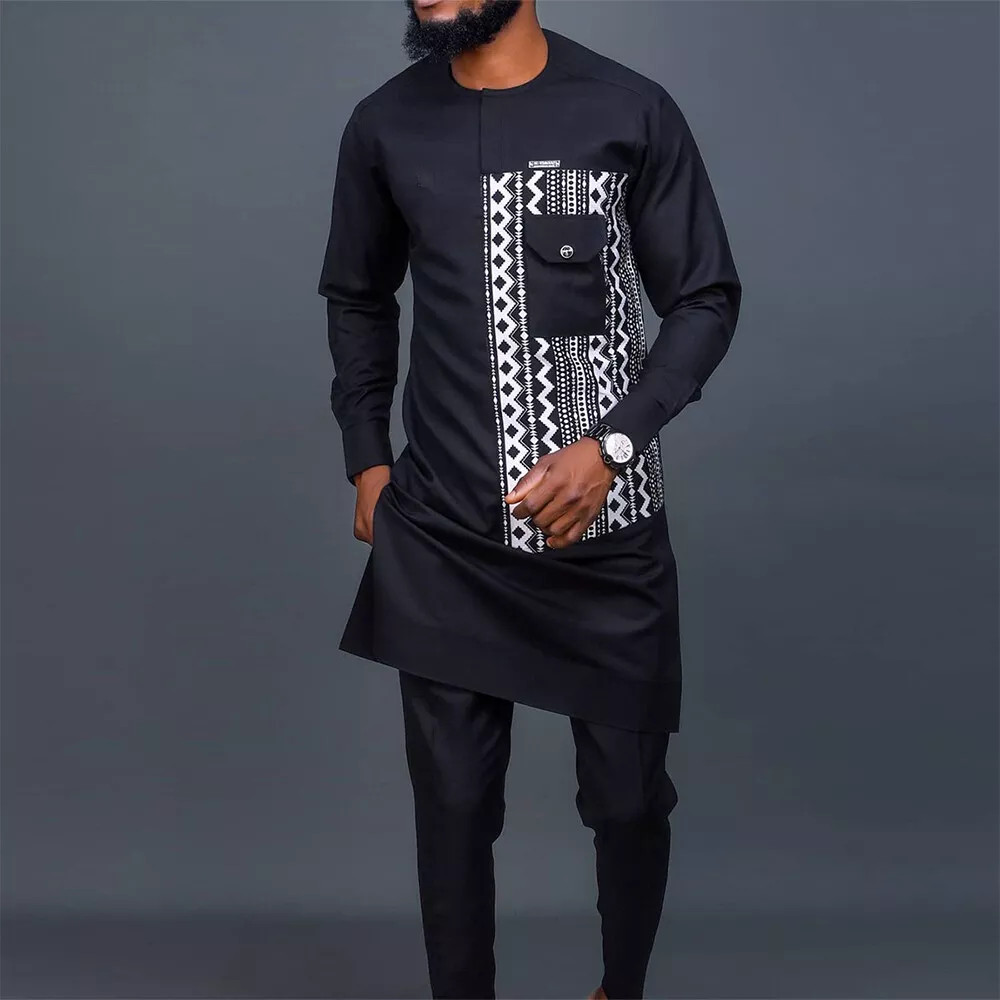 2023 African Men Dashiki Long Sleeve 2 Piece Set Traditional Africa Clothing Str