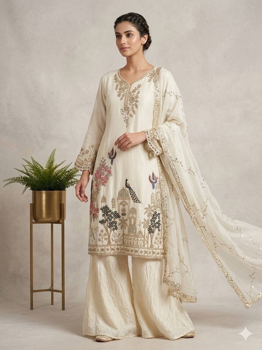 Women’s Off-White Floral Embroidered Kurta Set with Dupatta,For Festive Ocasion.