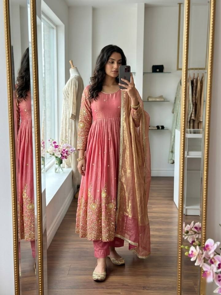 Peach Pink Fendy Satin Silk Gown Padded Anarkali Palazzo Set Fancy Lace Dupatta