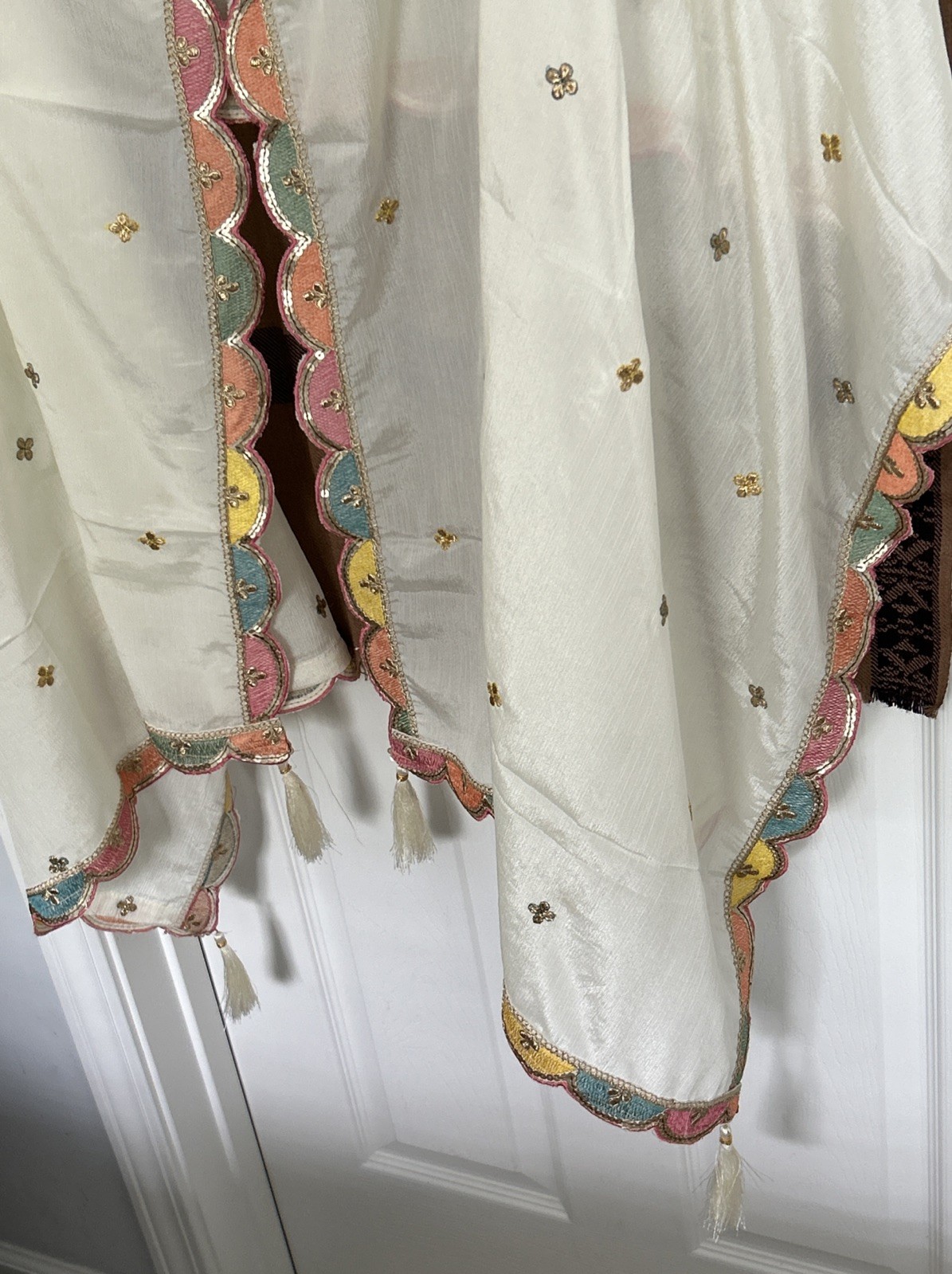 Women Gharara Embroidery with sequin Silk 3 pcs Suit Color-off White Chest-40in