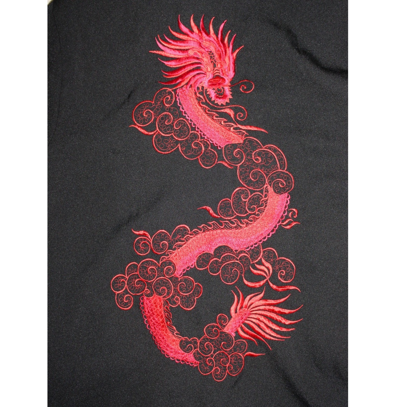Silver Dragon Chinese Dragon Embroidered Robe Jacket Womens L Black Red Asian
